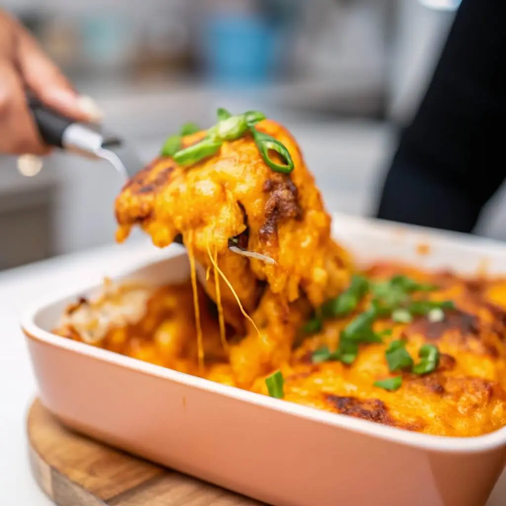 Spoonful of cheesy low carb dump and bake pasta casserole being lifted from the dish