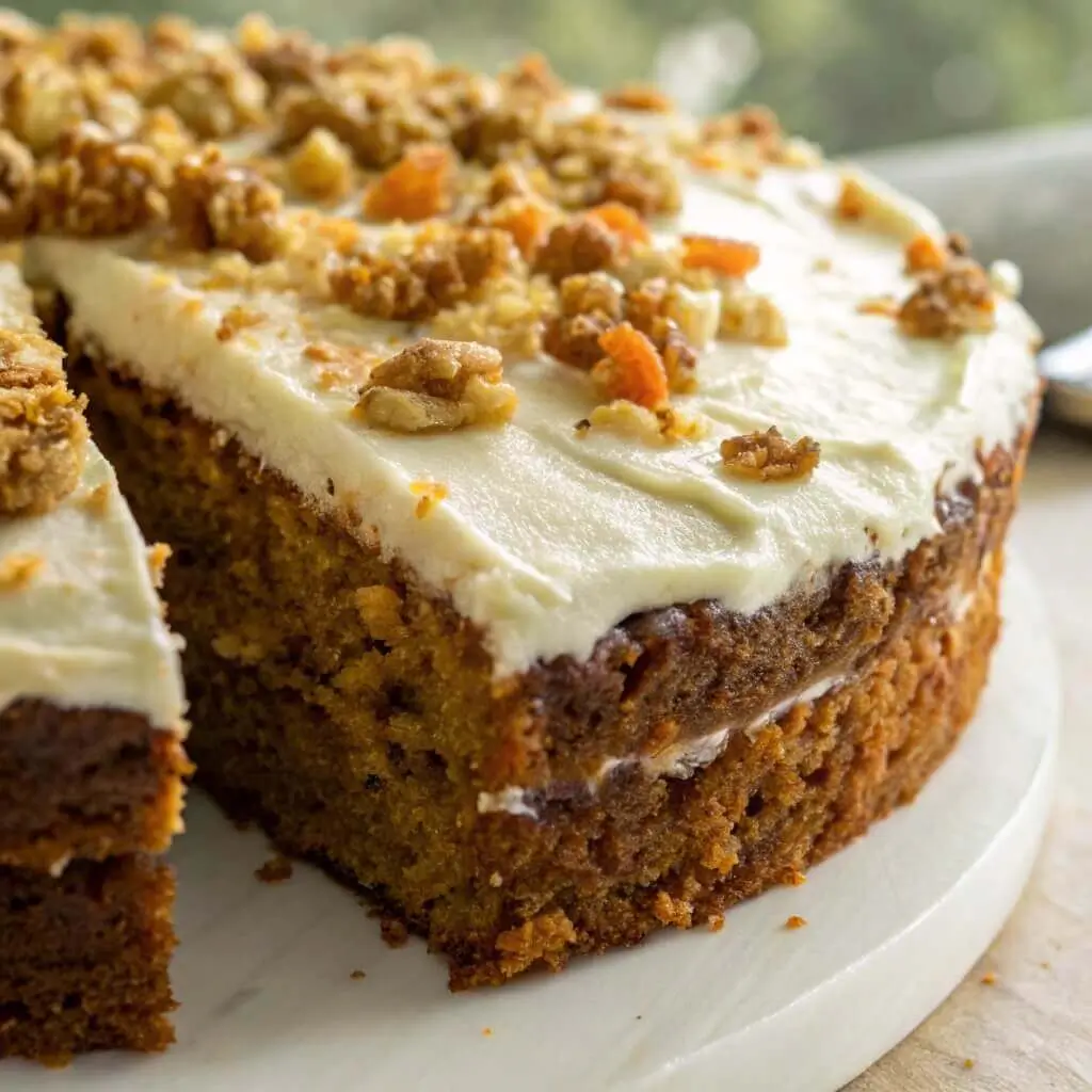 Finished low carb carrot cake with frosting and nuts