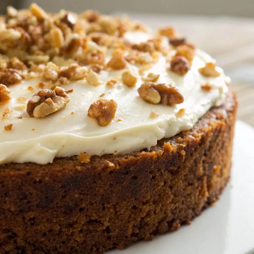 Finished low carb carrot cake with frosting and nuts