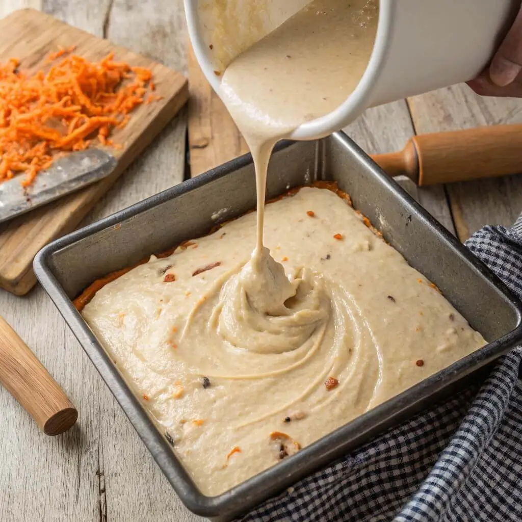 Batter for low carb carrot cake being poured into a pan