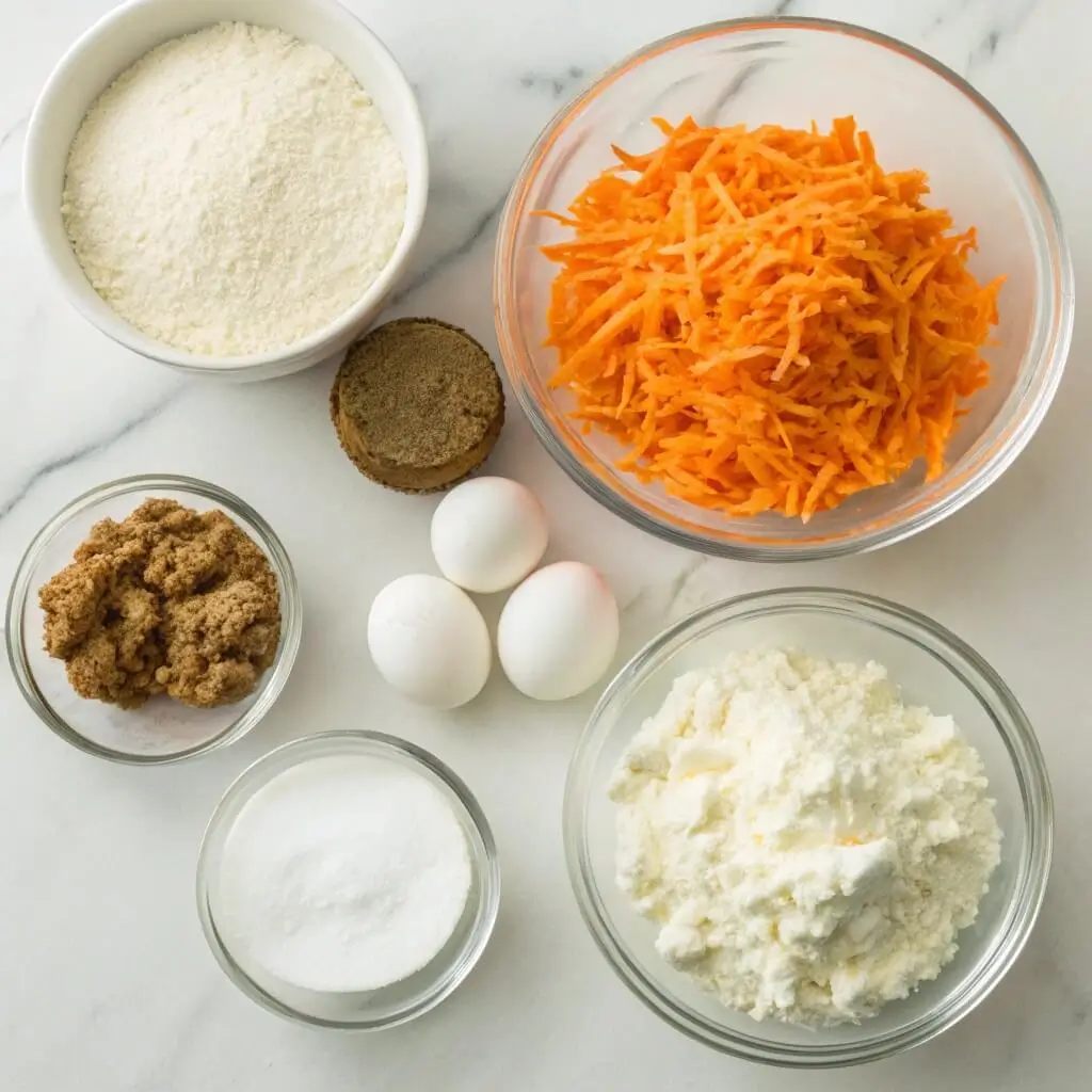 Ingredients for low carb carrot cake muffins including coconut flour and shredded carrots