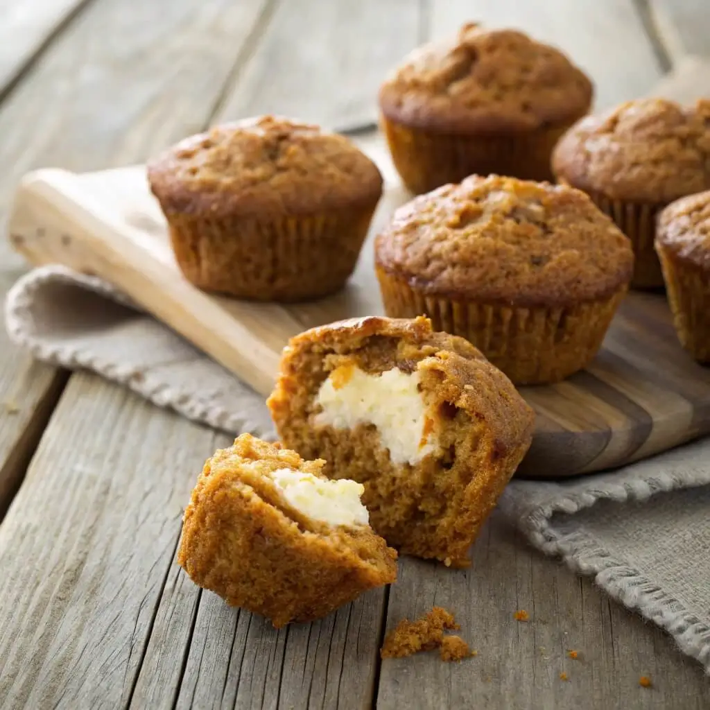 Freshly baked low carb carrot cake muffins with cream cheese filling