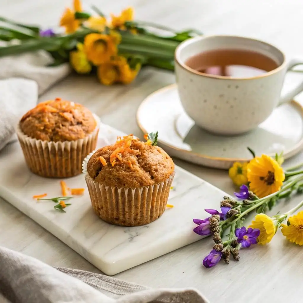Served low carb carrot cake muffins on a plate with tea