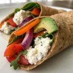 Low Carb Cottage Cheese Wrap, Low carb wrap with cottage cheese, avocado, spinach, and fresh vegetables