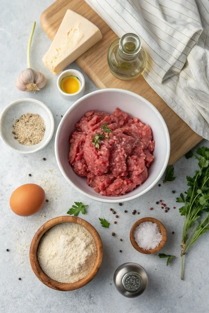 Air Fryer Meatballs Recipe The Best Juicy & Crispy You’ll Ever Try 5 Raw ingredients for air fryer meatballs including ground beef, egg, parmesan cheese, garlic, herbs, and spices arranged on a kitchen counter