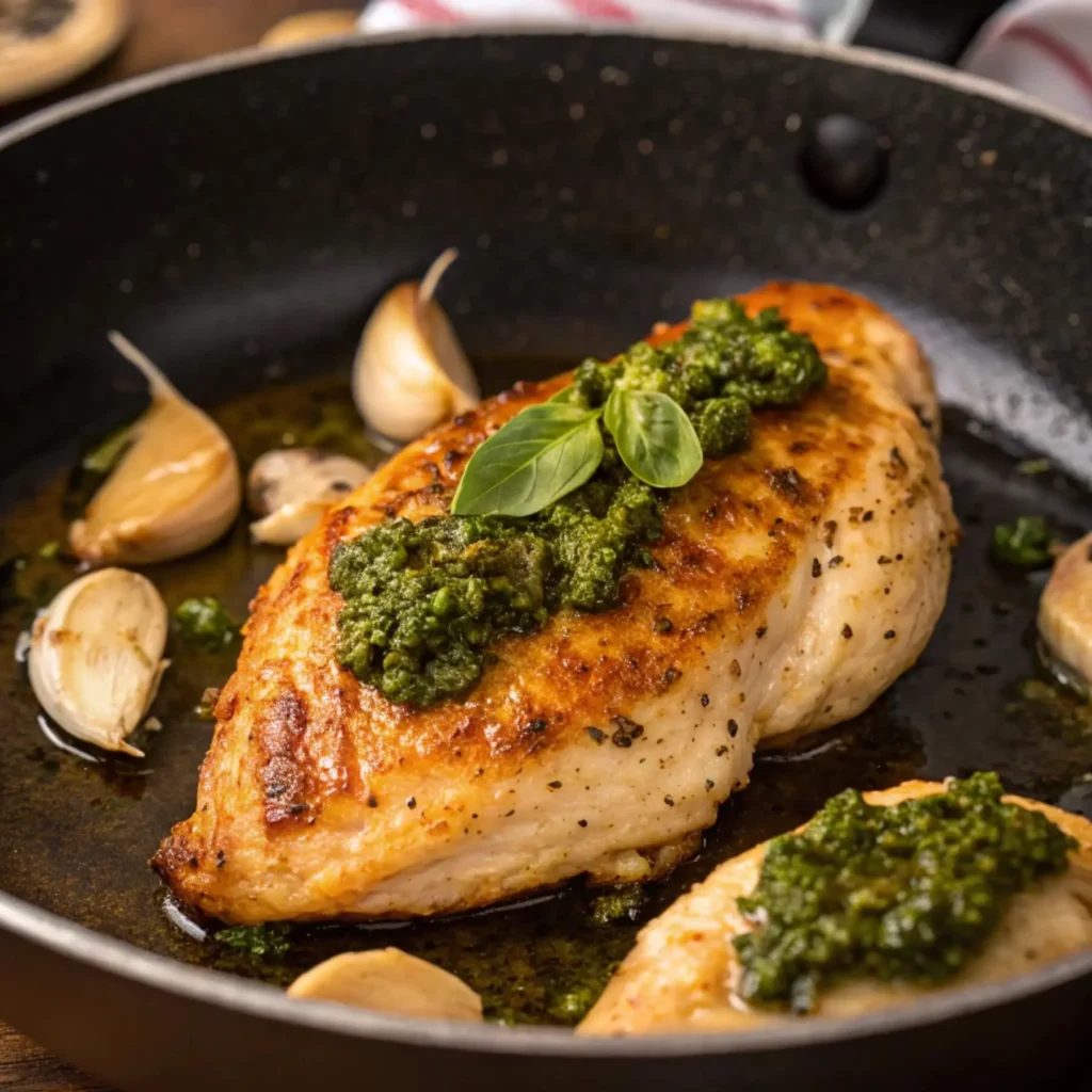 cooking pesto chicken in skillet