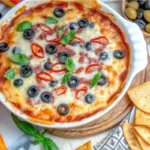 Baked cottage cheese pizza bowl topped with melted cheese, olives, cherry peppers, and basil served with tortilla chips