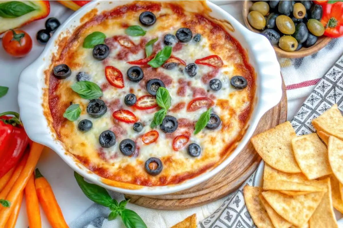 Baked cottage cheese pizza bowl topped with melted cheese, olives, cherry peppers, and basil served with tortilla chips