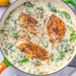 Creamy chicken with spinach in a skillet topped with herbs and cooked in a rich garlic parmesan sauce