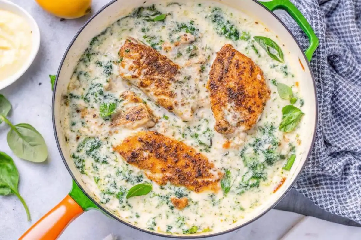 Creamy chicken with spinach in a skillet topped with herbs and cooked in a rich garlic parmesan sauce