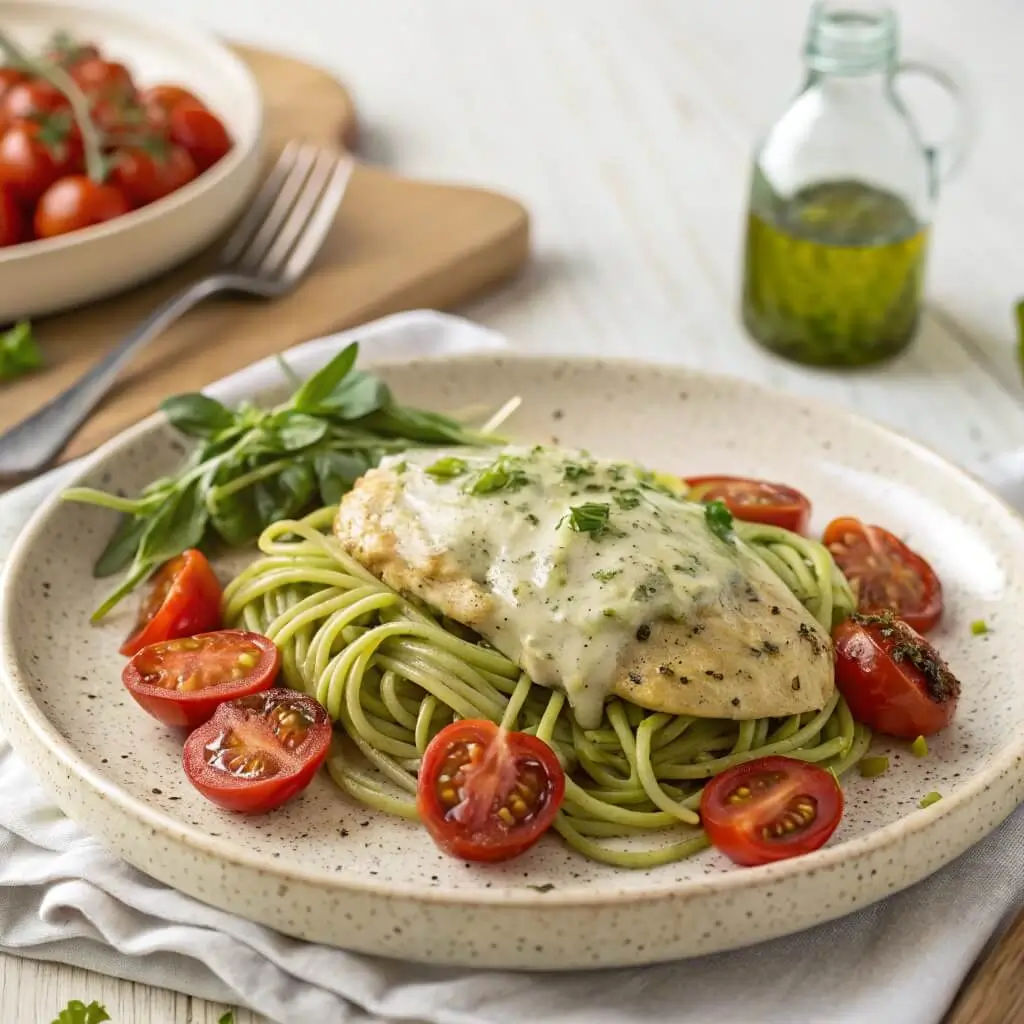 served creamy pesto chicken with zoodles