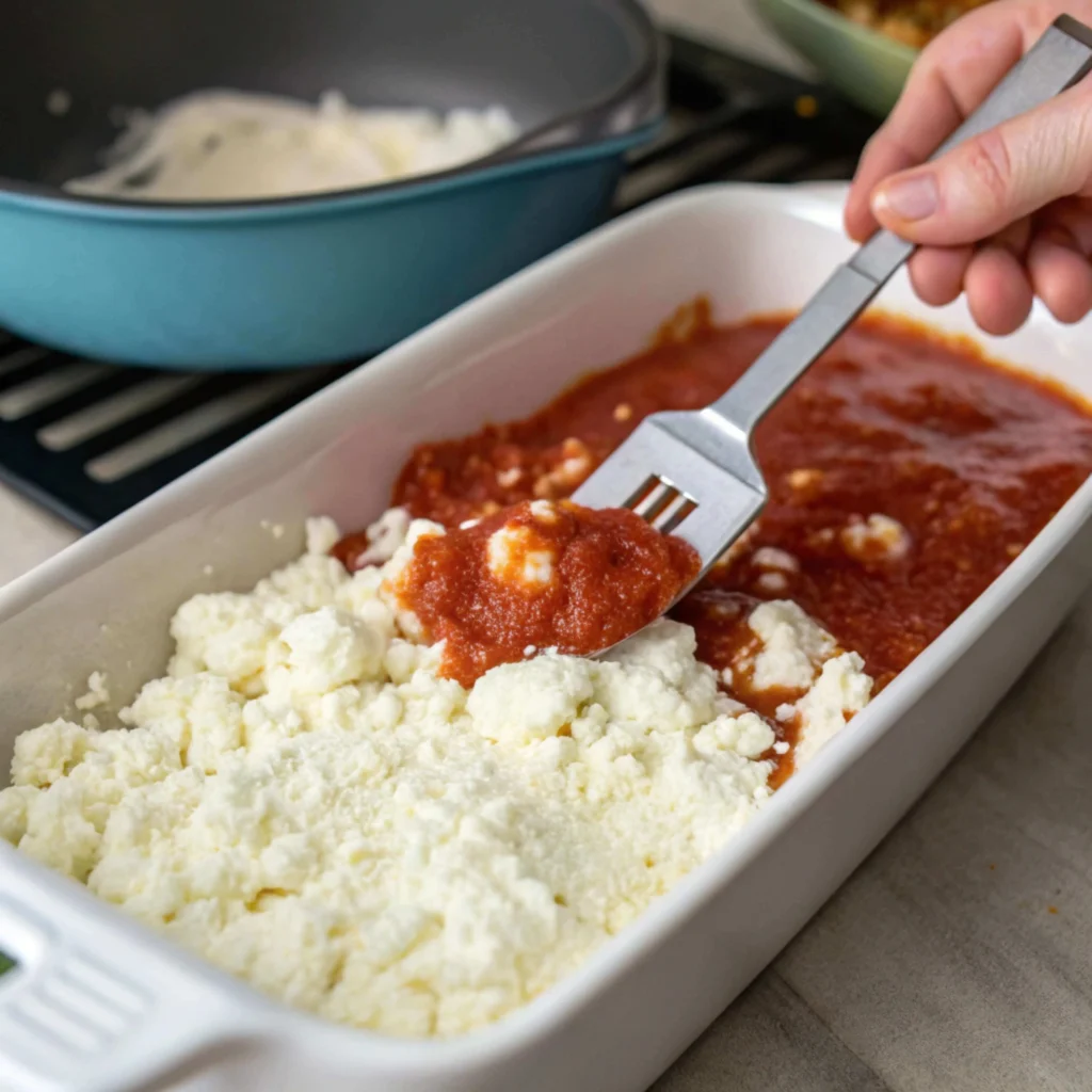 Cottage Cheese Pizza Bowl: The Best Crustless, High-Protein Pizza Recipe 10 Mixing cottage cheese and marinara sauce in baking bowl.