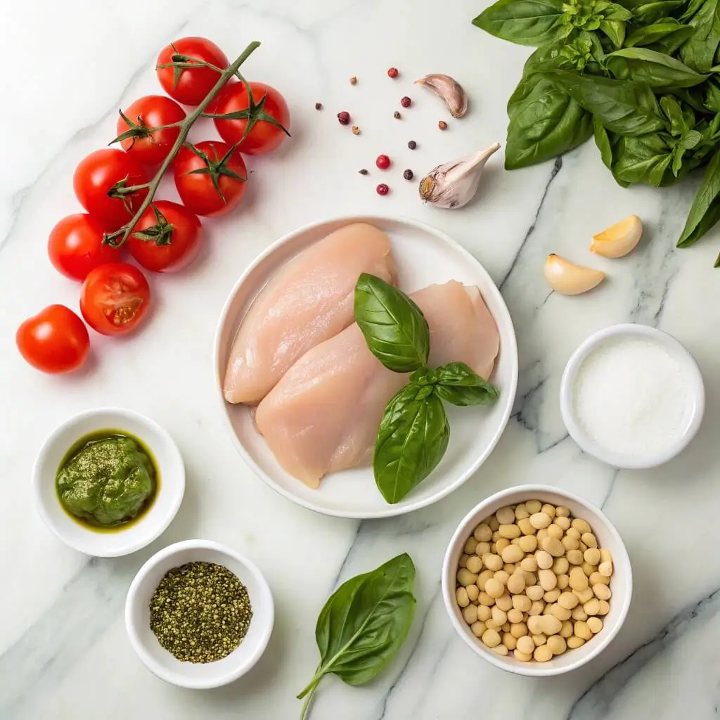 pesto chicken recipe ingredients layout