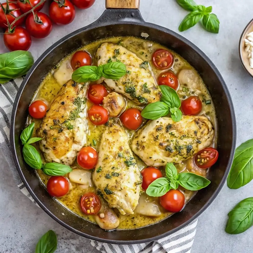 creamy pesto chicken recipe in skillet
