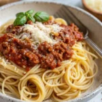 Spaghetti Meat Sauce served hot with basil