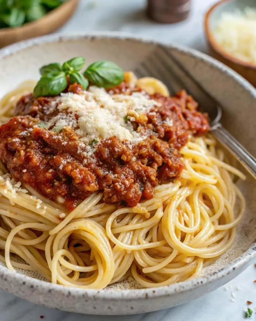 Spaghetti Meat Sauce served hot with basil