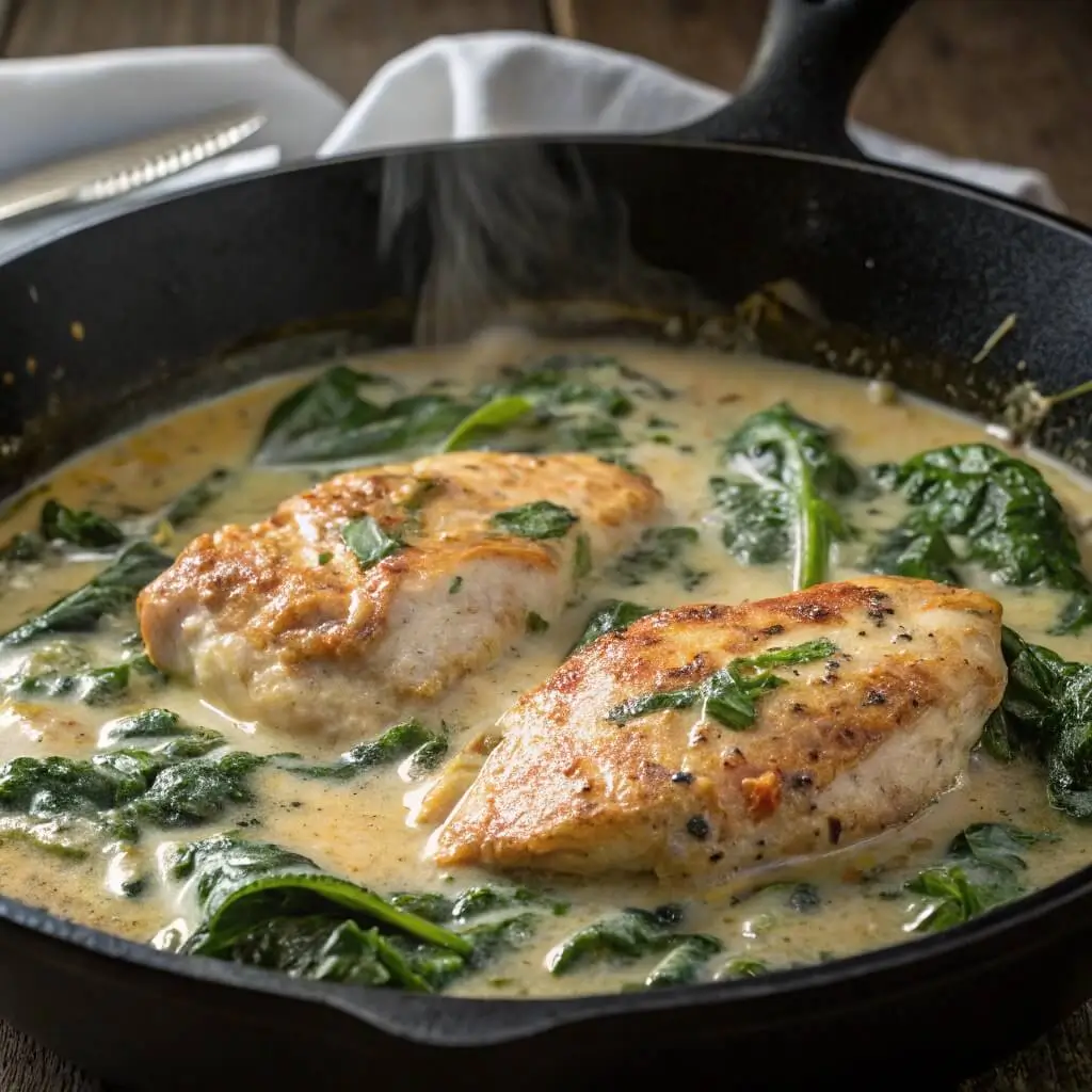 Spinach simmering in creamy parmesan sauce