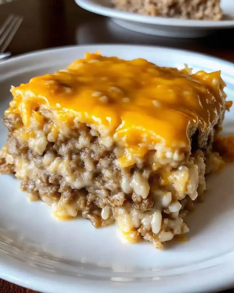 Cheddar Crusted Ground Beef and Rice casserole with golden cheese