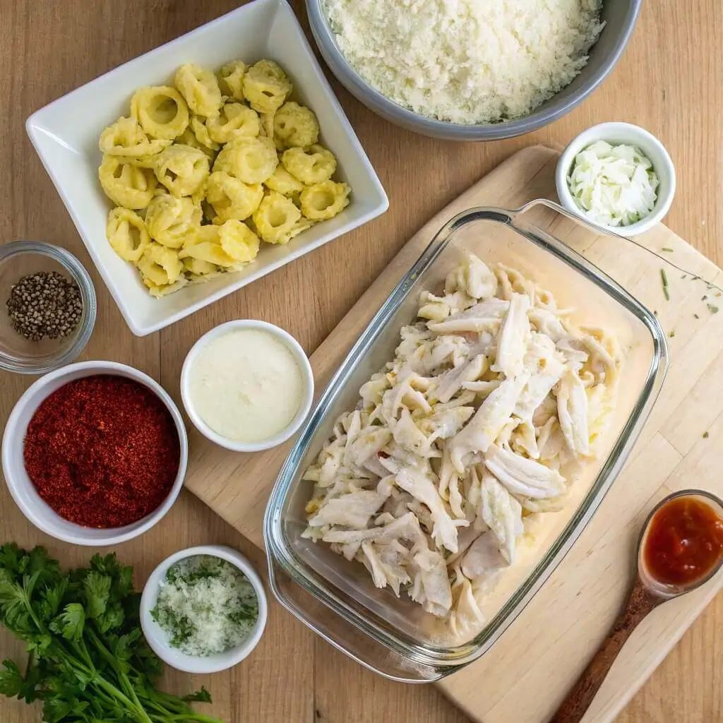 Chicken Alfredo Tortellini Casserole ingredients arranged