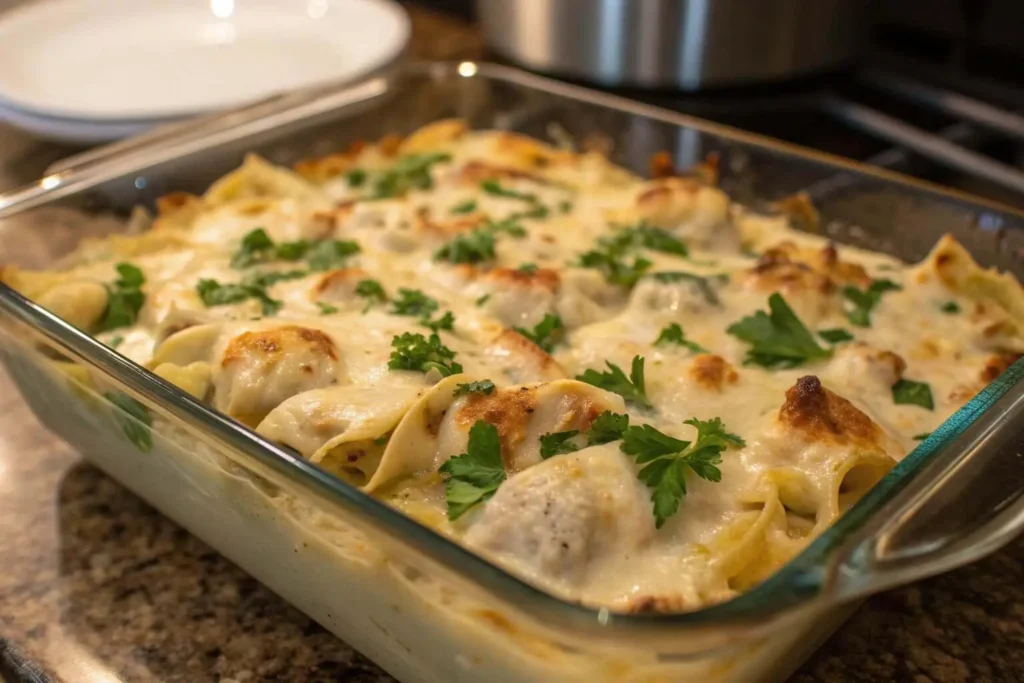 Chicken Alfredo Tortellini Casserole in glass baking dish