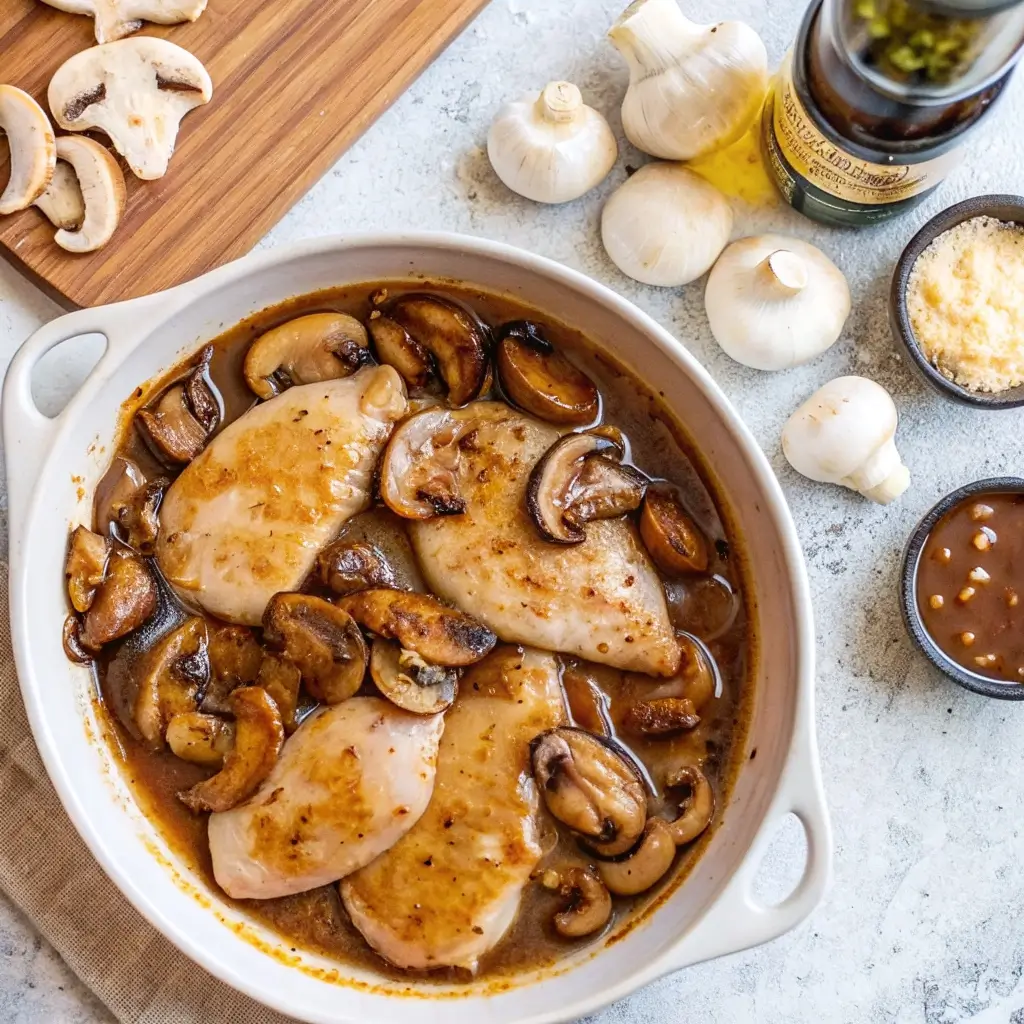 Chicken Marsala cooking in skillet with mushrooms and garlic