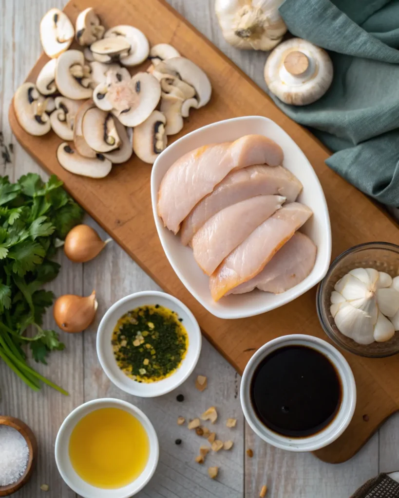 Chicken Marsala ingredients laid out on a wooden counter