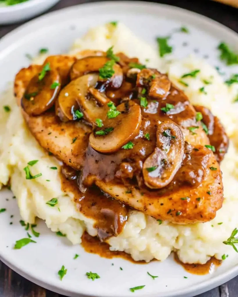 Chicken Marsala plated with mashed potatoes and green beans Caption