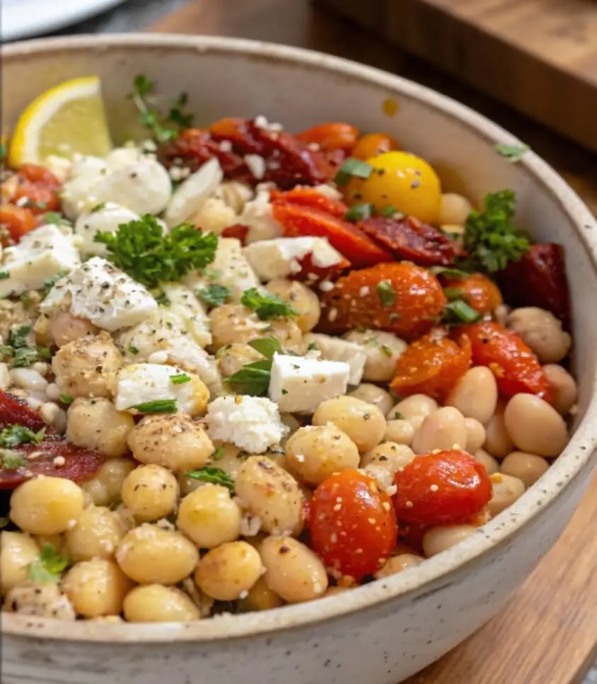Dense bean salad with white beans, feta, and sun-dried tomatoes File