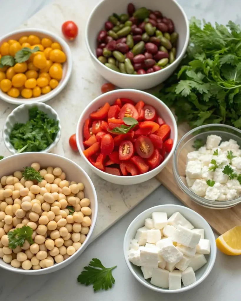 Ingredients for making dense bean salad laid out on counter