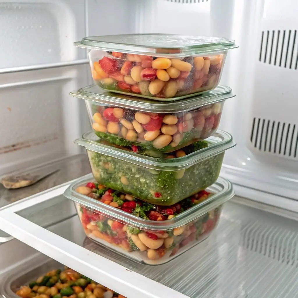 Meal-prepped dense bean salad in fridge containers