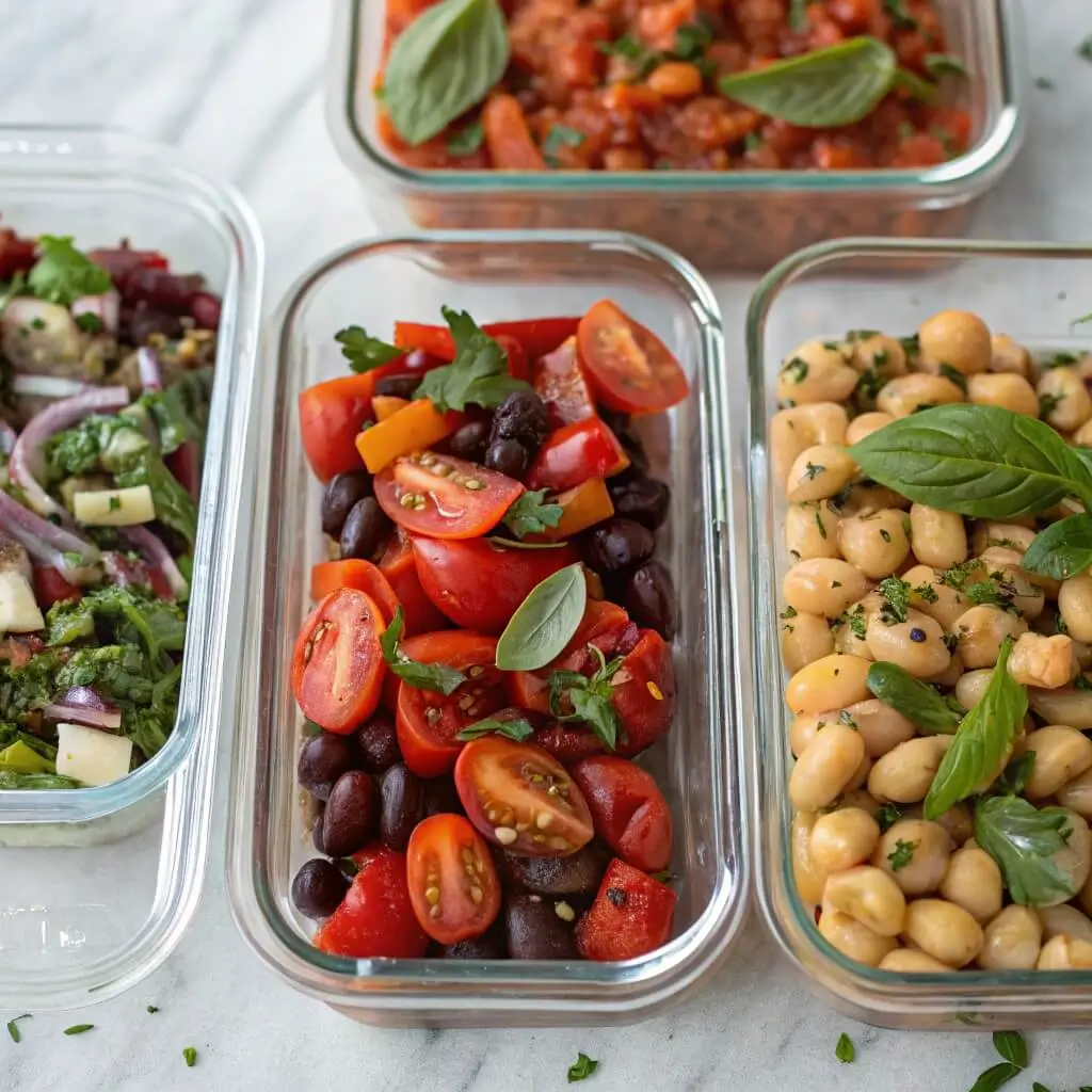 Three dense bean salad variations in glass containers
