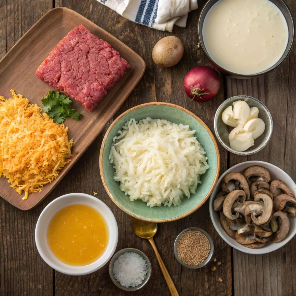 Ingredients for cheddar crusted ground beef and rice