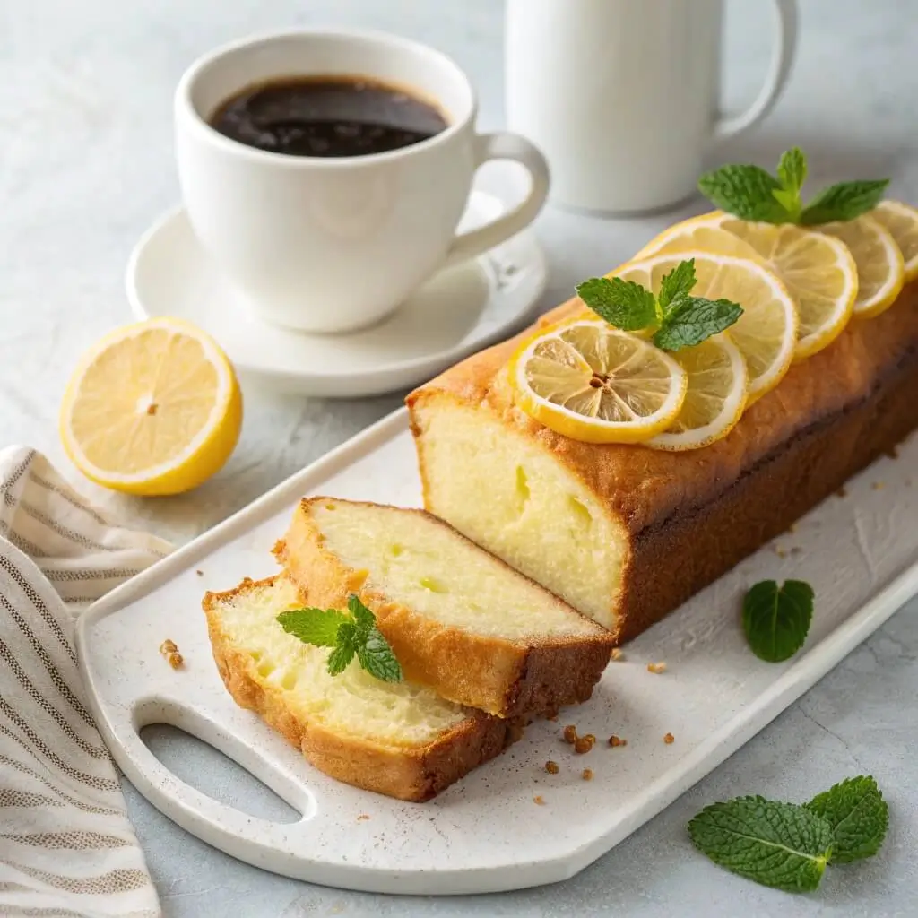 sliced lemon loaf pound cake with coffee