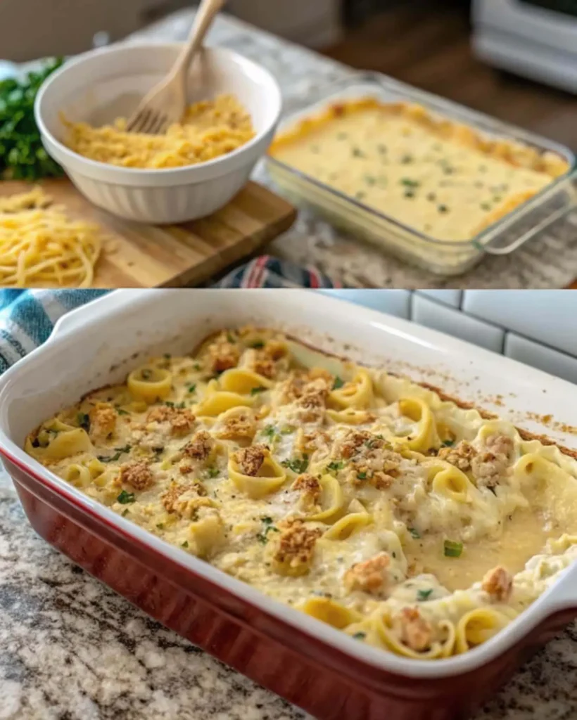 Step-by-step process for Chicken Alfredo Tortellini Casserole