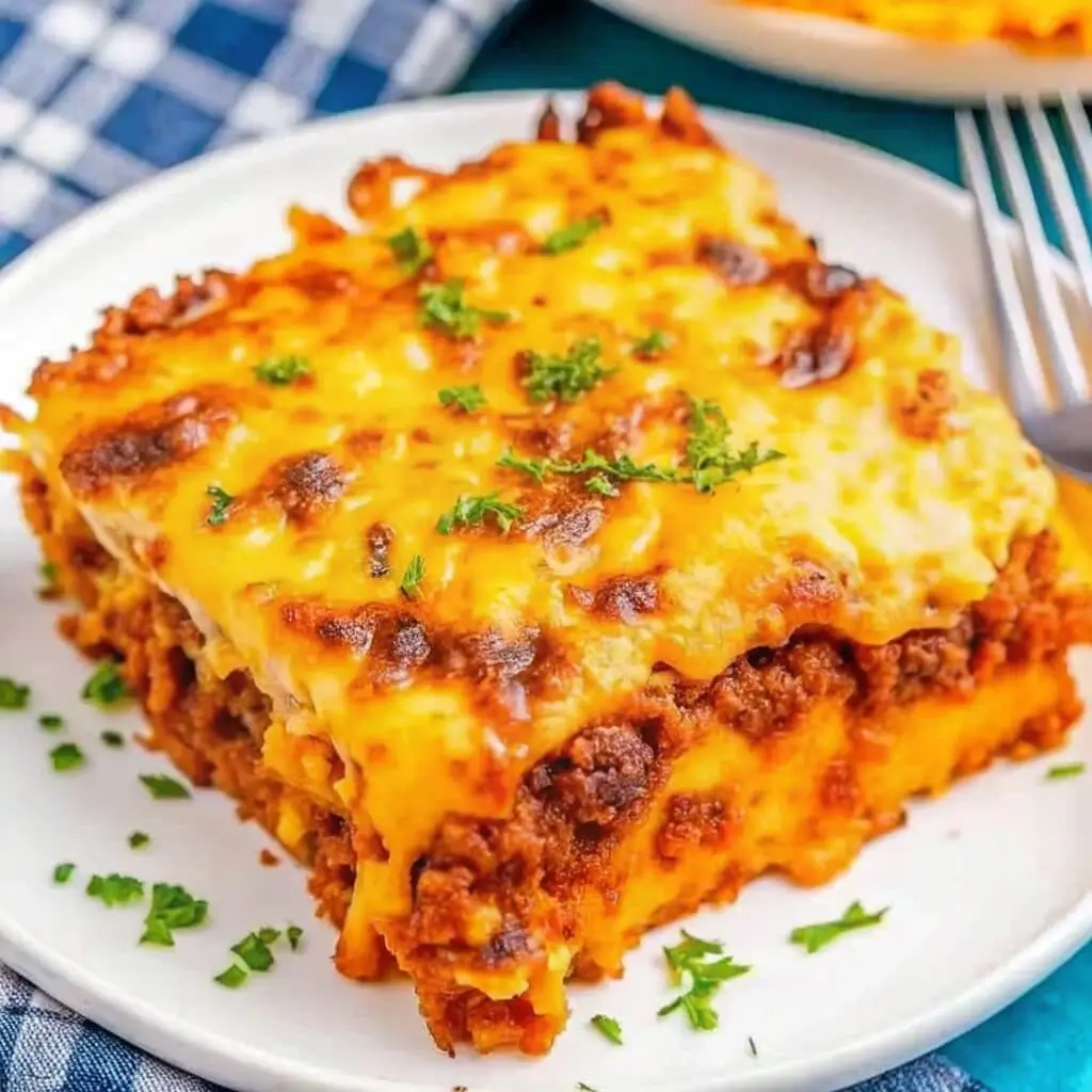 BBQ Beef Cornbread Casserole served hot in a baking dish