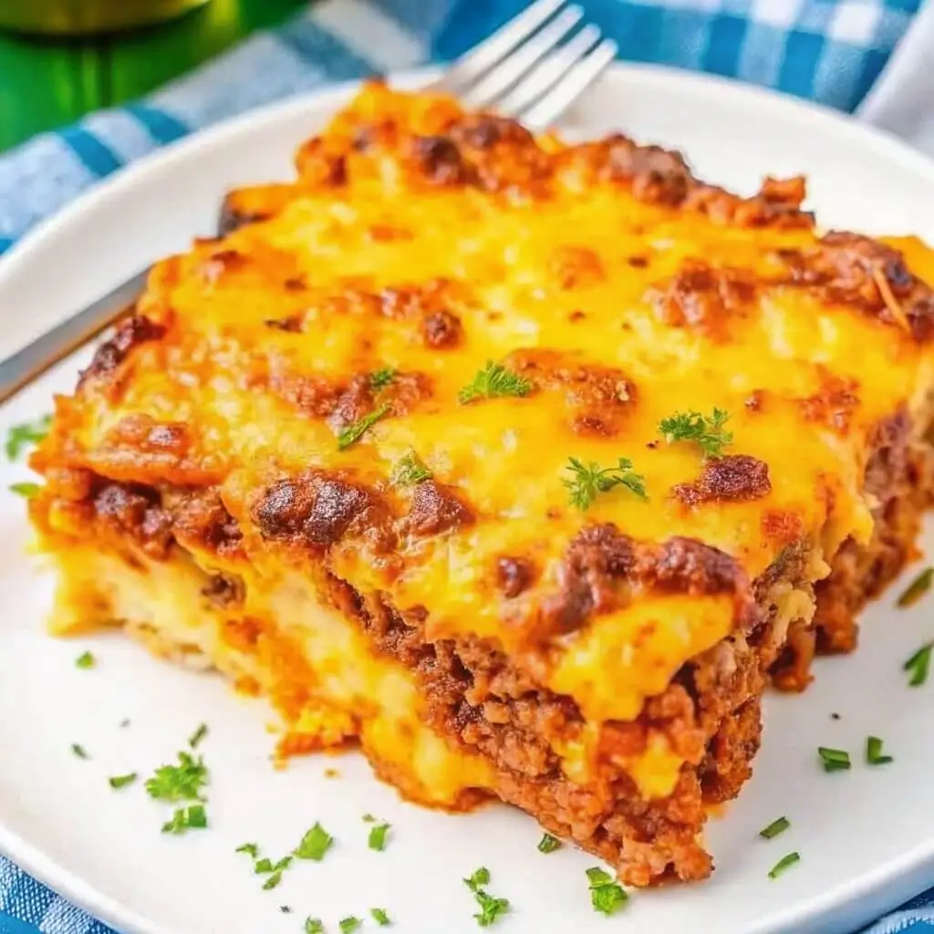 Serving of BBQ Beef Cornbread Casserole with side dishes