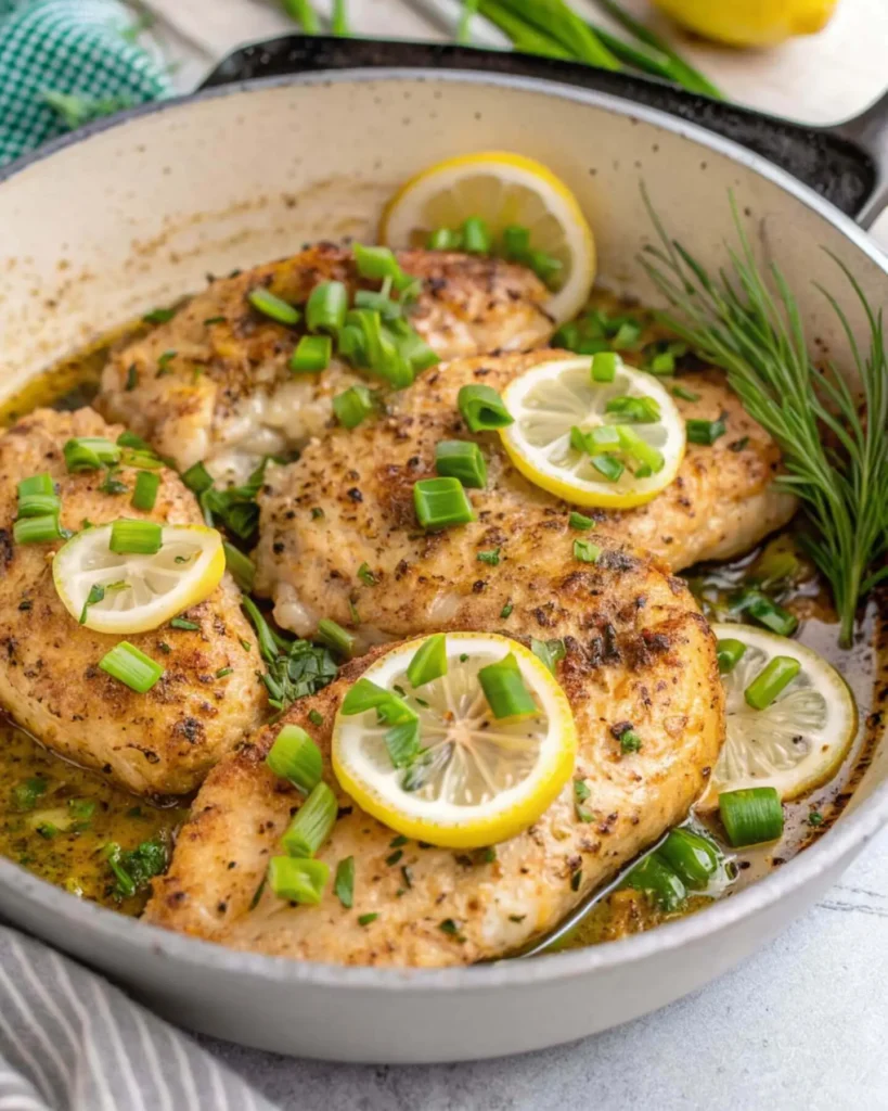 Garlic lemon chicken breast garnished with fresh herbs and green onions