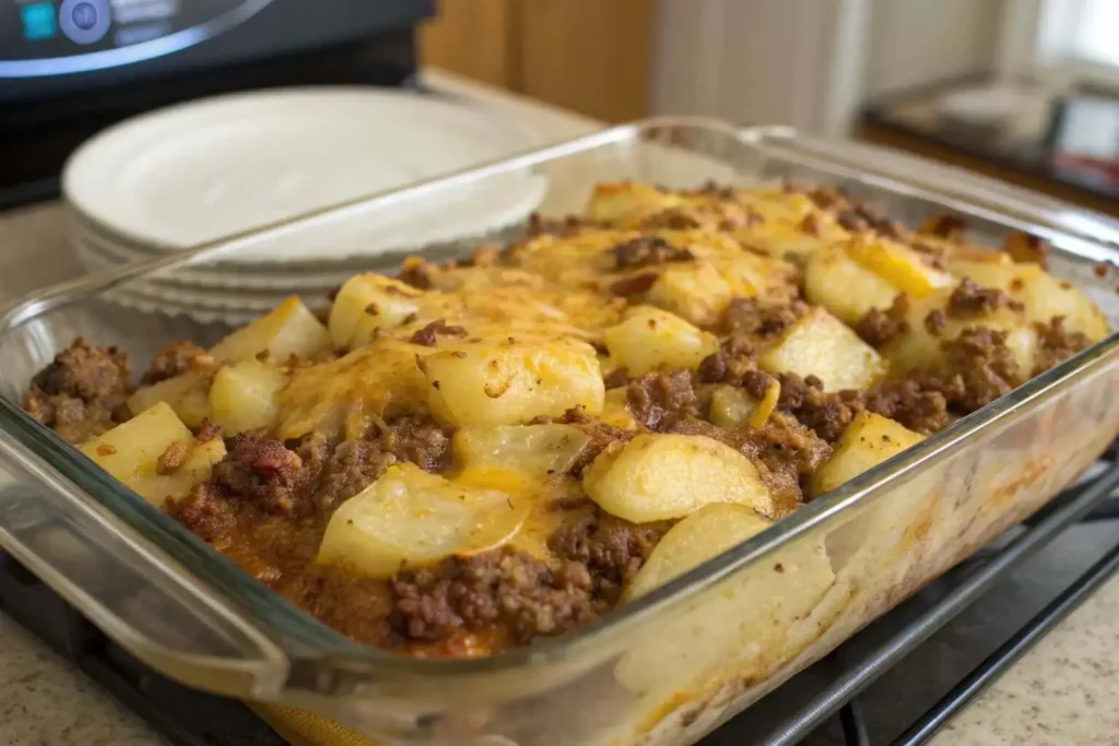 Ground Beef Casserole baked with potatoes and cheddar cheese