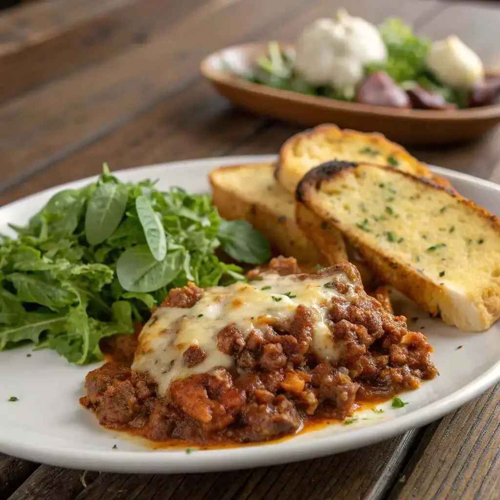 Ground beef casserole served with salad and garlic bread
