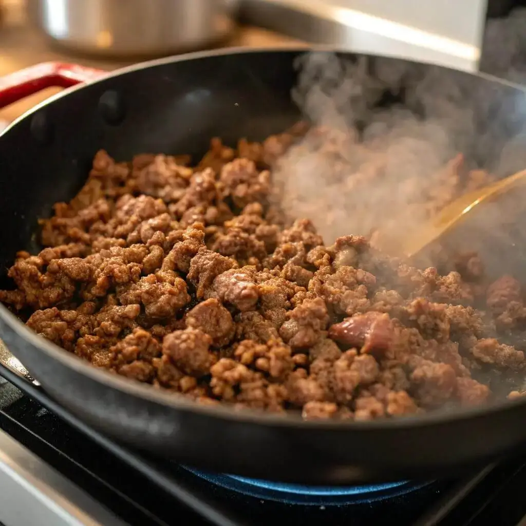 Ground beef browning in a skillet for casserole recipe