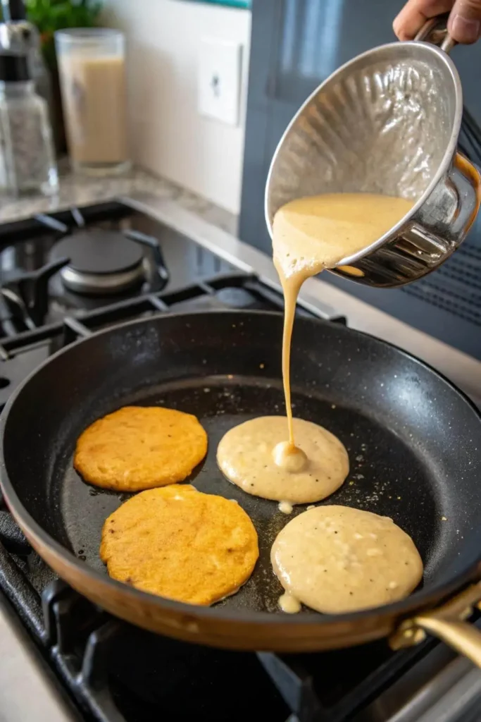 cooking keto pumpkin cottage cheese pancakes in skillet File