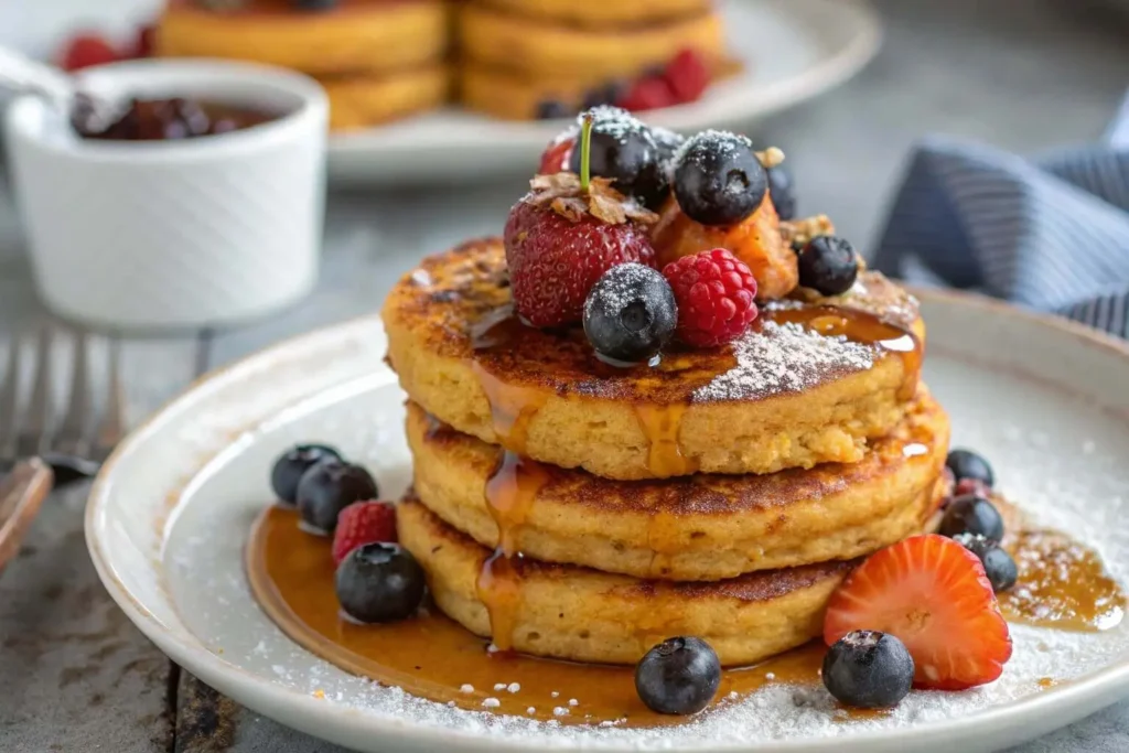 keto pumpkin cottage cheese pancakes stack with syrup and berries