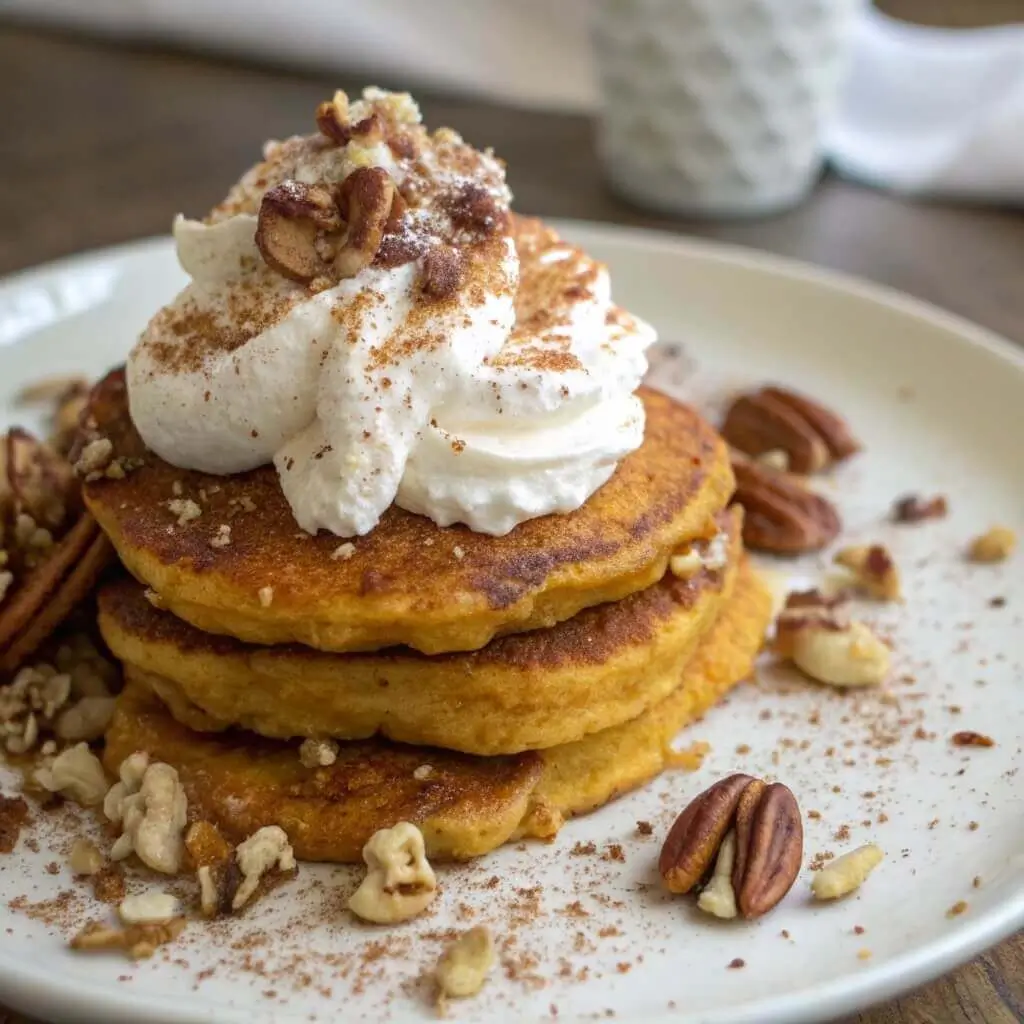keto pumpkin cottage cheese pancakes with whipped cream and nuts