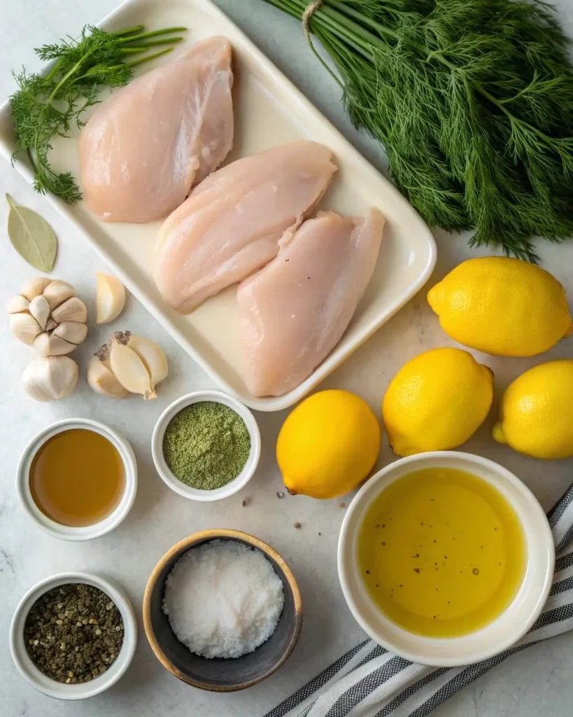 Ingredients for lemon chicken breast with chicken, lemons, garlic, dill, and olive oil