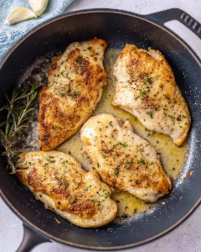 Lemon chicken breast with garlic sauce and dill garnish