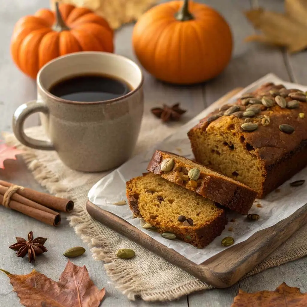 Pumpkin loaf slices served with coffee