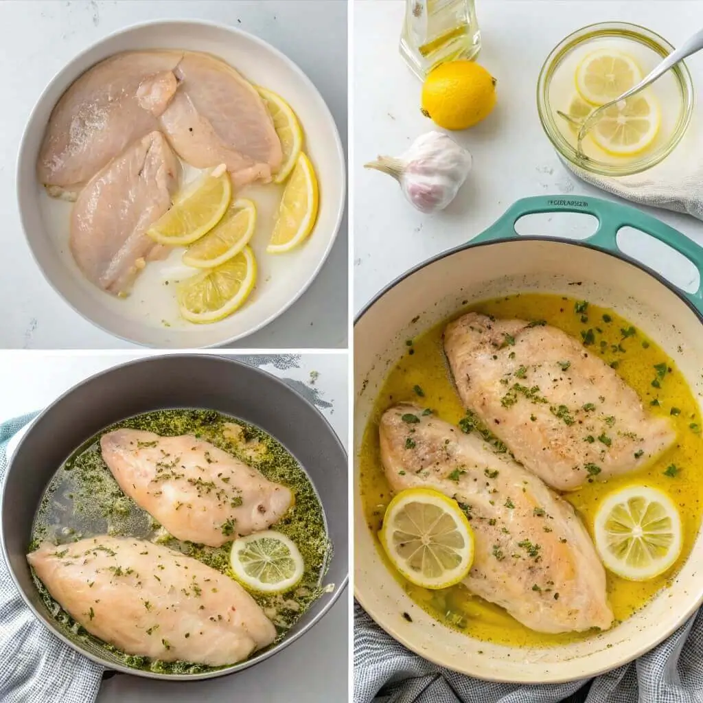 Step-by-step process of cooking lemon chicken breast in skillet with lemon garlic sauce