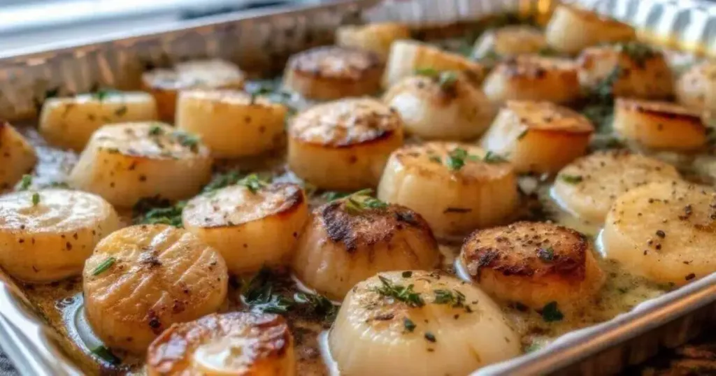 Baked scallops casserole topped with golden bread crumbs, butter, and Parmesan cheese.