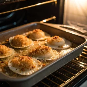 Baked scallops turning golden brown inside the oven with bubbling butter on top.