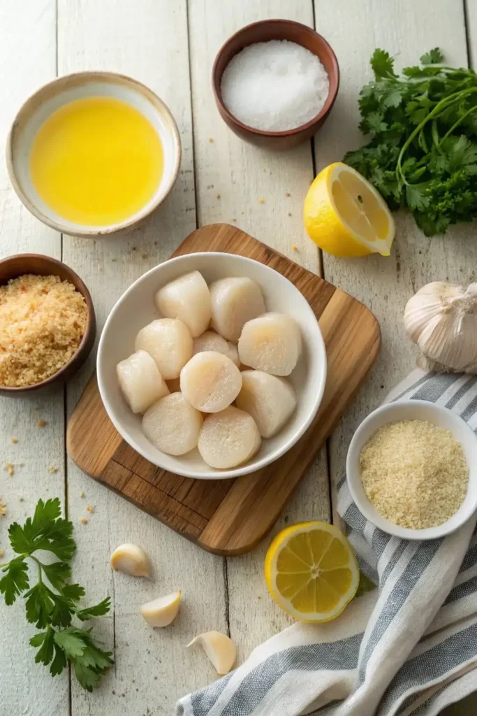 Ingredients for baked scallops arranged on wooden counter with scallops, butter, Parmesan, and bread crumbs.